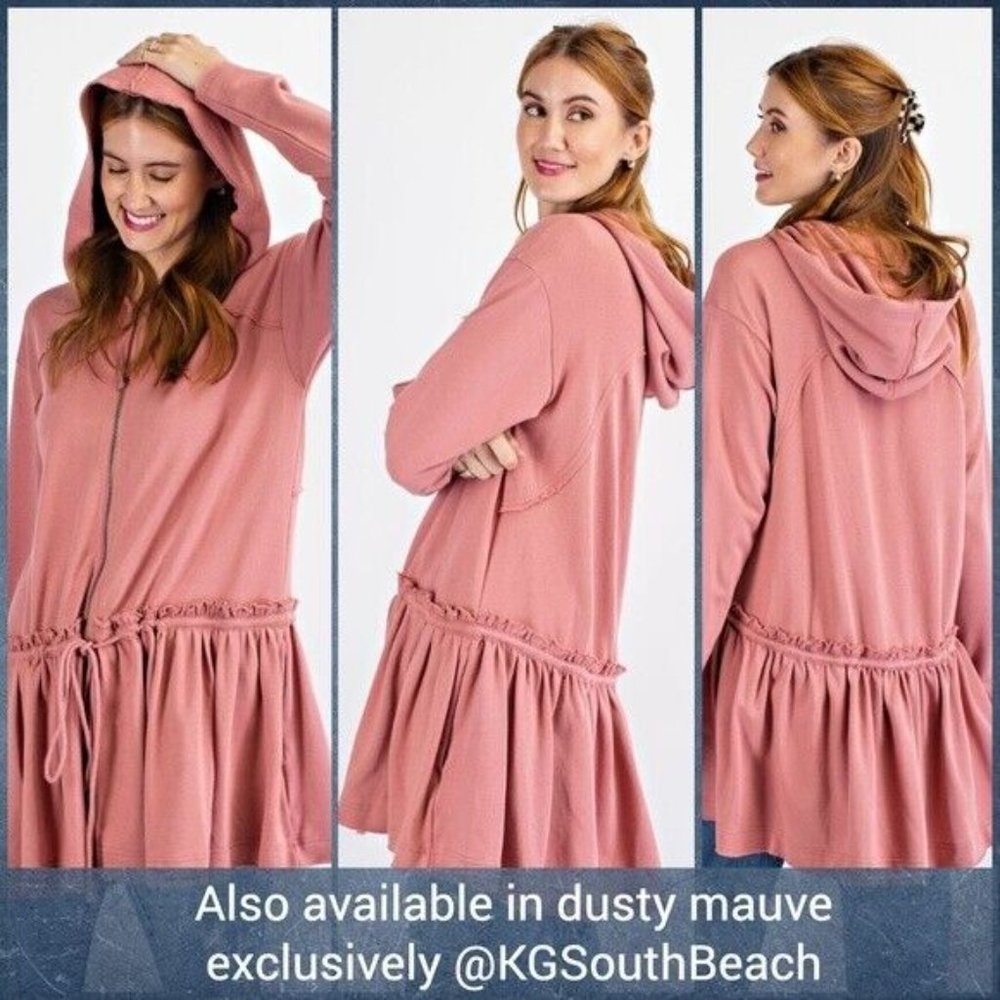 EASEL Lux Cotton Zip Front Hoodie Drawstring Waist Ruffled Trim Raw Seams SOFT! - Picture 10 of 10